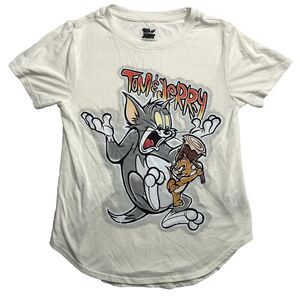 Tom and Jerry Funny Cartoon Graphic Round Hem Shirt Ivory Size Medium